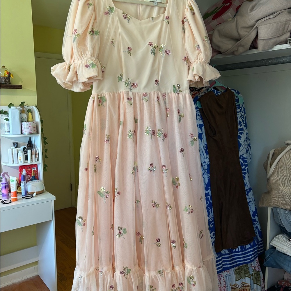 JessaKae Floral Puff Sleeve Dress in Peach